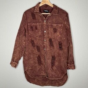 Thrill Jeans Denim Button Shirt Womens L Brown Acid Wash Distressed Western Boho